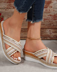 Linen Wedge Sandals Summer Ethnic Style Cross-strap Sandals For Women Non-slip Slides Beach Shoes