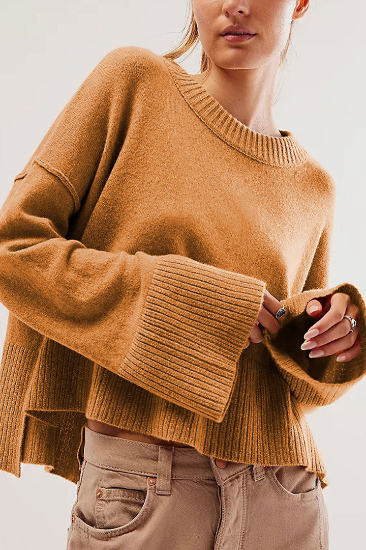 Solid Color Round-neck Flared Sleeves Pullover Sweater