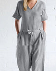 Women's Solid Color Pure Cotton And Linen Loose Strap Pocket Jumpsuit