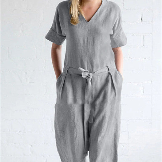 Women's Solid Color Pure Cotton And Linen Loose Strap Pocket Jumpsuit