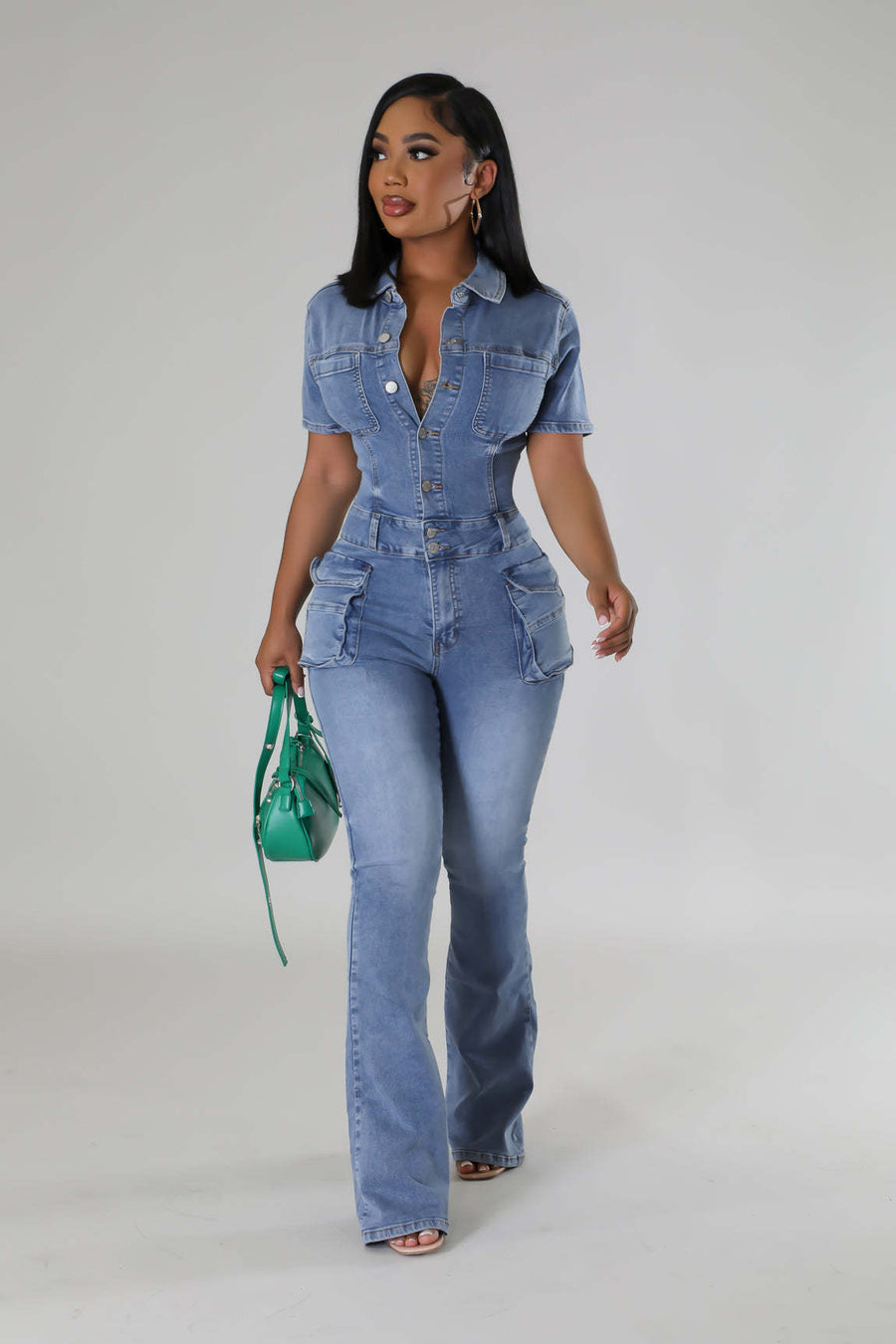 Denim Women's Washed Short-sleeved Jumpsuit