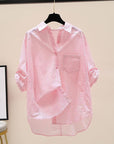 Pure Cotton Pink Striped Shirt Women's Artistic Fresh Batwing Sleeve Single Pocket Top