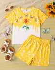 Girls Sunflower And Butterfly Pattern Short Sleeve Top Shorts Suit