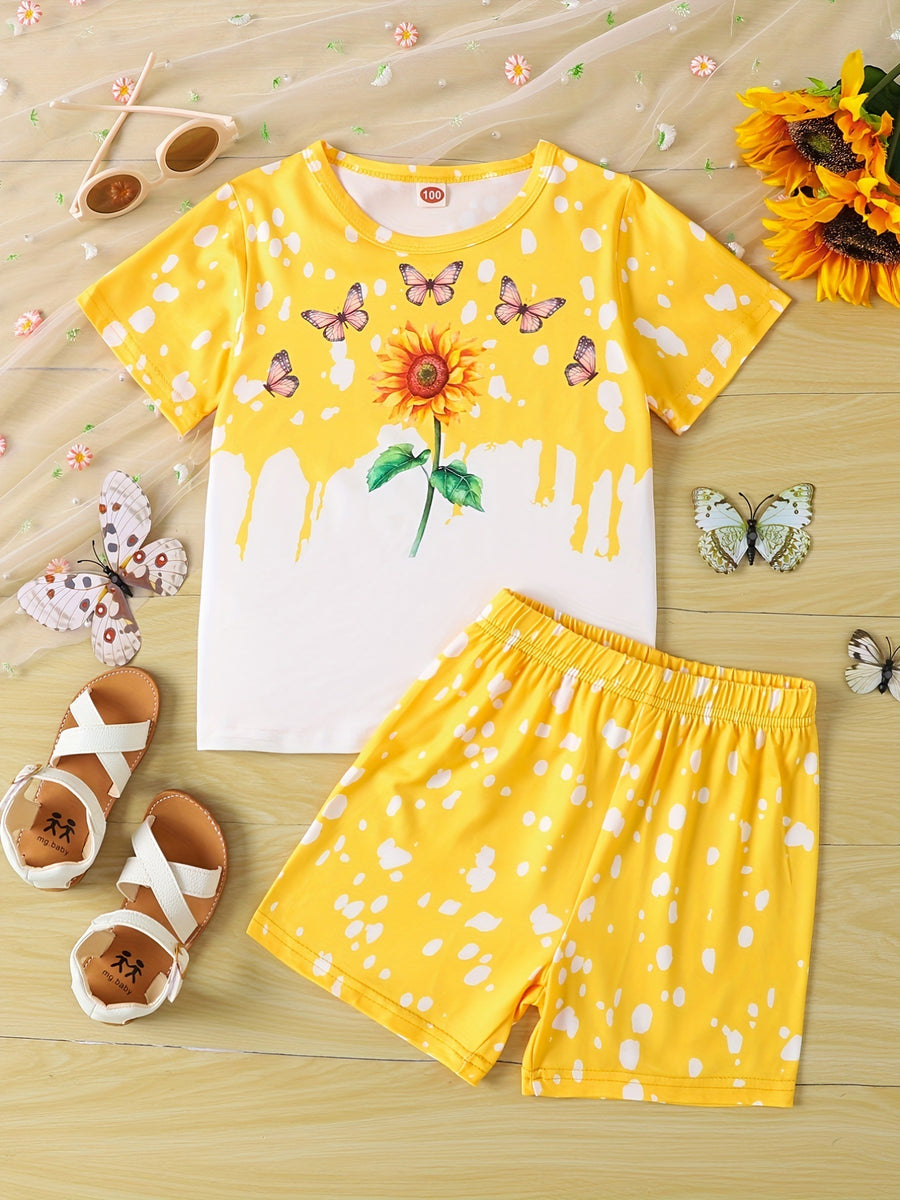 Girls Sunflower And Butterfly Pattern Short Sleeve Top Shorts Suit