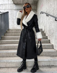 Casual Lace Up Fashion Fur Collar Pocket Loose Leather Coat