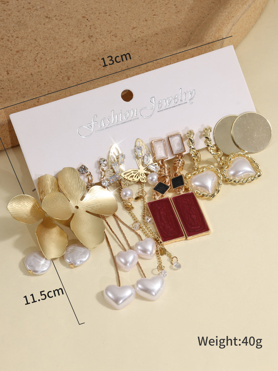 European And American Creative French Pearl Butterfly Flower Earrings Water Drop Pearl Butterfly Chain Earrings 6-piece Set