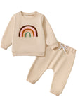 Children's Four-color Towel Embroidery Rainbow Long-sleeved Shirt Fake Drawstring Trousers Two-piece Set