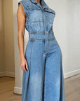 Leisure Washed-out Sleeveless Denim One-piece Wide-leg Pants Women