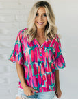 Women's Spring V-neck Chiffon Shirt Printed Short-sleeved Top