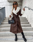 Casual Lace Up Fashion Fur Collar Pocket Loose Leather Coat