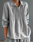 Loose Cotton And Linen Long Sleeve Women's Pleated Lapel Shirt