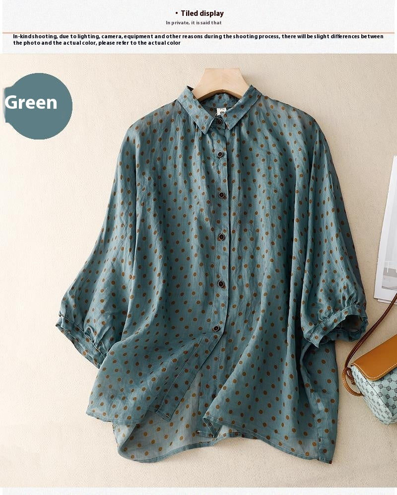 National Style Literary Style Lightweight And Slightly Transparent Polka-dot Loose-fitting Linen Shirt