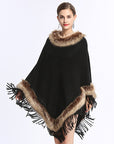 Faux Fox Fur Collar Tassel Pullover Knitting Cape And Shawl Coat