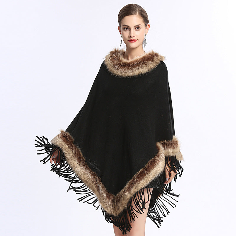 Faux Fox Fur Collar Tassel Pullover Knitting Cape And Shawl Coat