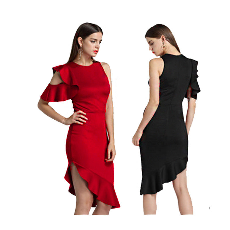 Autumn And Winter New Off-the-shoulder Ruffled Evening Dress