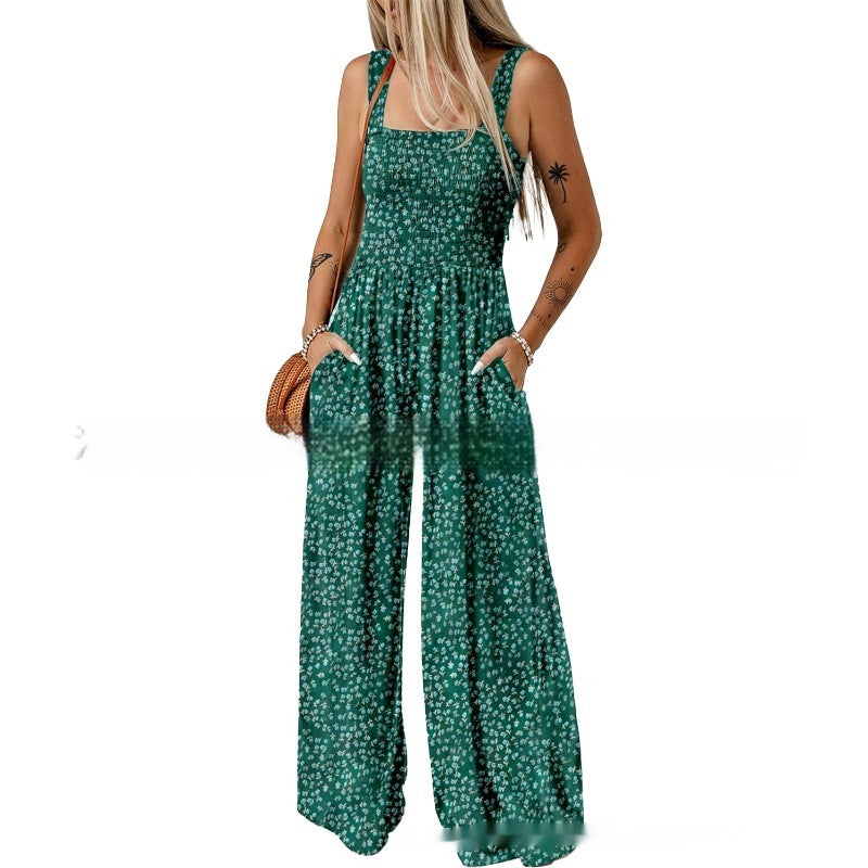 European And American Bohemian Spaghetti-strap Floral Print Overalls