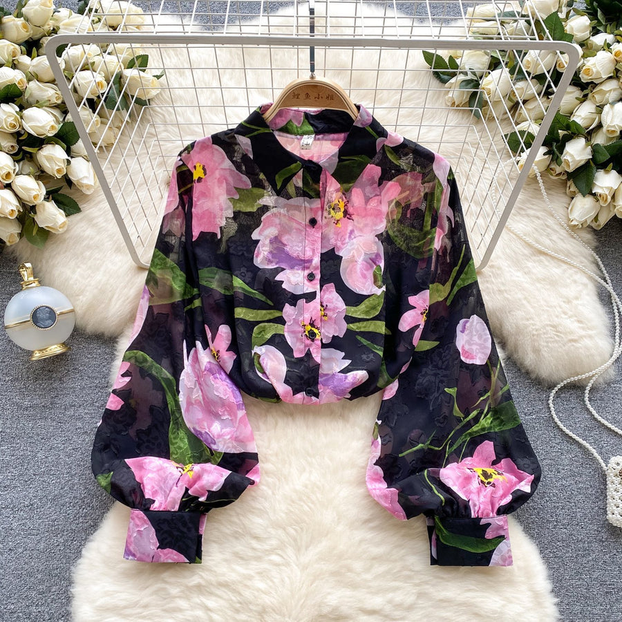 French Retro Tulle Floral Shirt For Women Summer