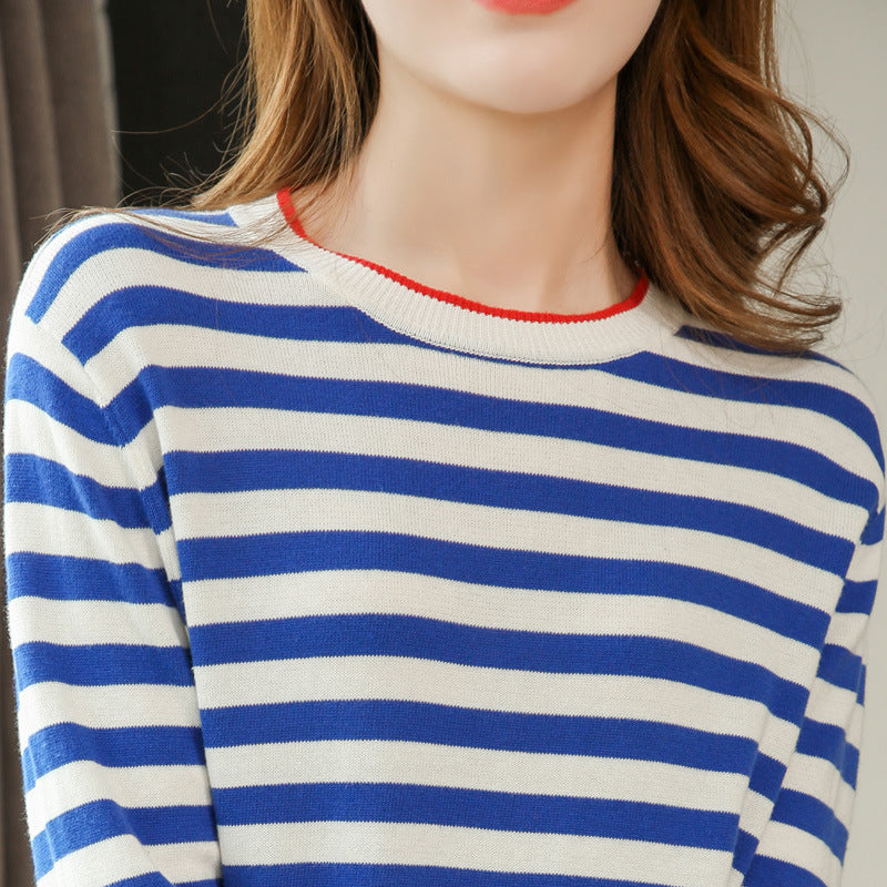 Round Neck Striped Sweater Women's Cotton Long Sleeve T-shirt Navy-striped Shirt Loose Bottoming T-Shirt