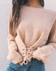 Lace Up Loose Long Sleeve Plus Size Sweater