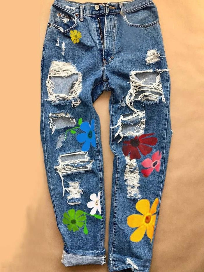 Ladies Print Ripped Fashion High Waist Jeans