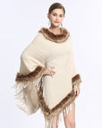 Faux Fox Fur Collar Tassel Pullover Knitting Cape And Shawl Coat