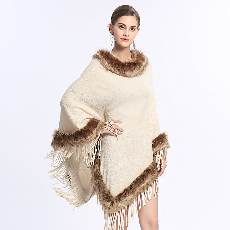 Faux Fox Fur Collar Tassel Pullover Knitting Cape And Shawl Coat