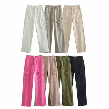 Women's Straight Solid Color Pocket Loose Casual Pants