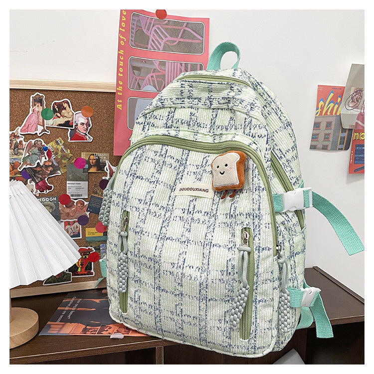 Casual Bag Special-interest Design Student Schoolbag Corduroy Plaid Large Capacity Travel Backpack