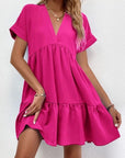 New Short-sleeved V-neck Dress Summer Casual Sweet Ruffled Dresses Solid Color Holiday Beach Dress For Womens Clothing