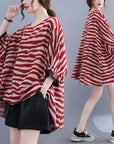 Summer Women's Loose Plus Size Striped Batwing Sleeve T-shirt