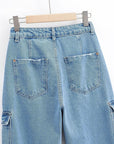 Washed Blue Pocket Decorated High Waist Wide-leg Jeans Women Casual Jeans