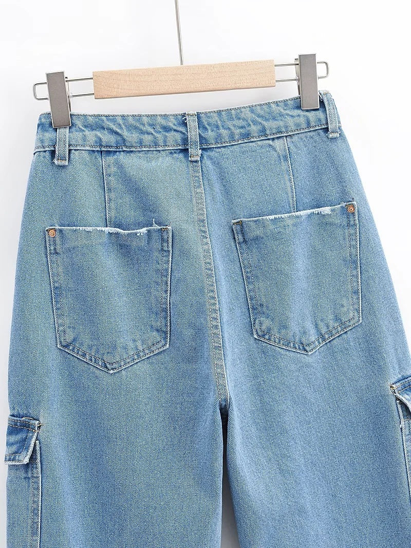 Washed Blue Pocket Decorated High Waist Wide-leg Jeans Women Casual Jeans