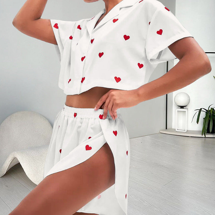 Silk-like Heart Printing Pajamas