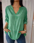 Women's Spring And Autumn V-neck Cotton And Linen Pure Plus Size Shirt