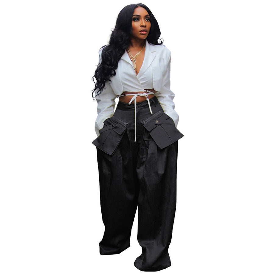 Fashion Women's Casual Detachable Three-dimensional Pocket Wide-leg Pants