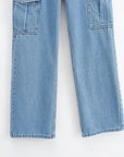 Washed Blue Pocket Decorated High Waist Wide-leg Jeans Women Casual Jeans