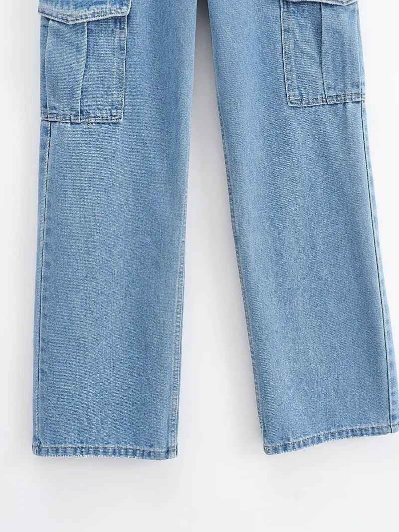 Washed Blue Pocket Decorated High Waist Wide-leg Jeans Women Casual Jeans