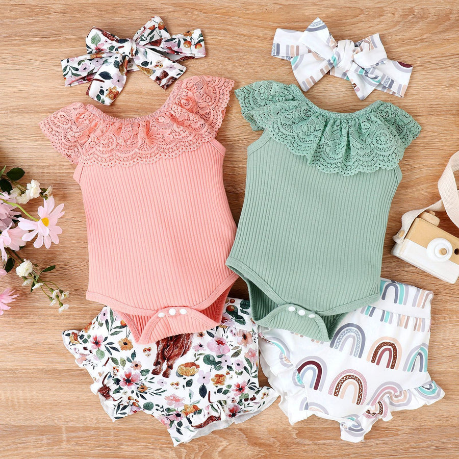 Solid Color Sleeveless Romper Printed Baby Bodysuit Lace Shorts Suit