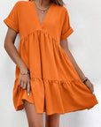 New Short-sleeved V-neck Dress Summer Casual Sweet Ruffled Dresses Solid Color Holiday Beach Dress For Womens Clothing