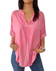 Women's Spring And Autumn V-neck Cotton And Linen Pure Plus Size Shirt