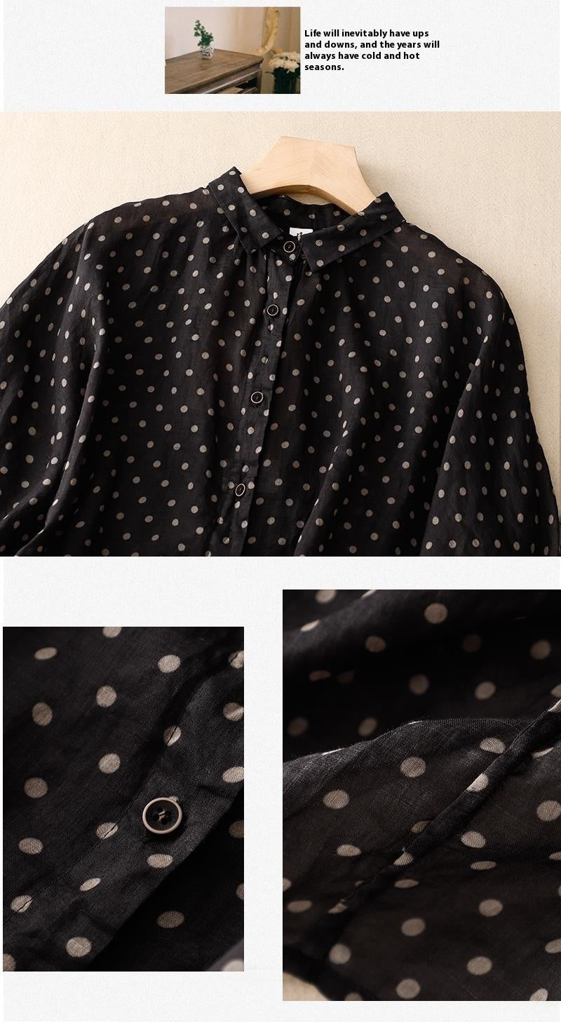 National Style Literary Style Lightweight And Slightly Transparent Polka-dot Loose-fitting Linen Shirt