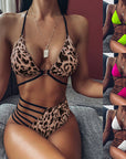 Two-piece Halter Neck Bikini Leopard Print Cutout Strap Swimsuit Set Summer Beach Womens Clothing