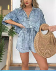 2pcs Loose Denim Suits Summer Casual Bat Sleeve Shirt And Drawstring Shorts With Pockets Women's Set