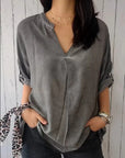 Women's Spring And Autumn V-neck Cotton And Linen Pure Plus Size Shirt