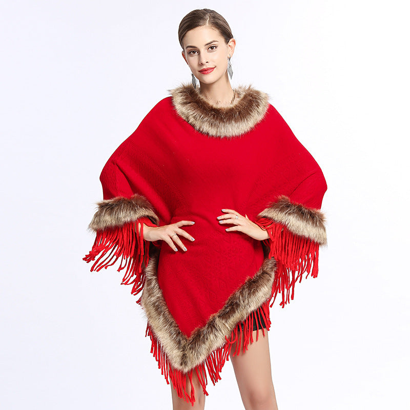 Faux Fox Fur Collar Tassel Pullover Knitting Cape And Shawl Coat