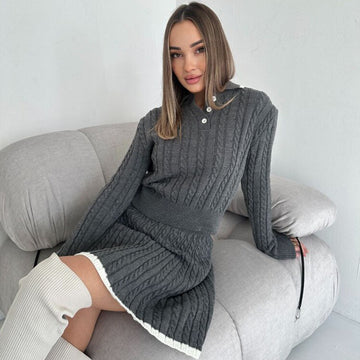 Long Sleeve Knitted Button Sweater Dress Suit