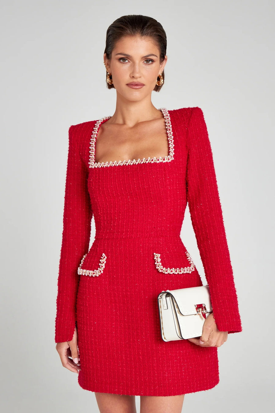 U-neck Long Sleeved Beaded Dress