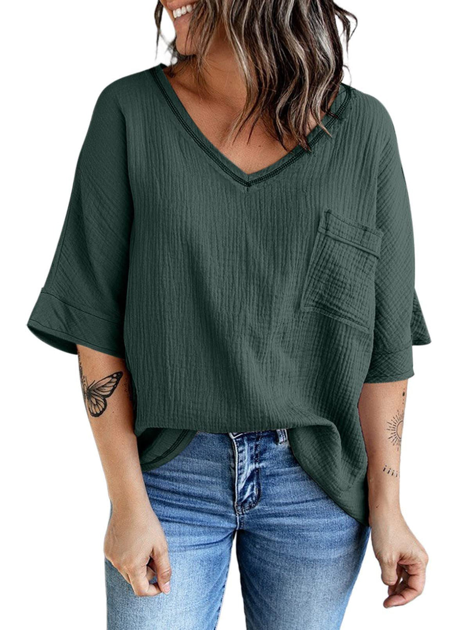 Spring And Summer New Shirt Fashion V-neck Pocket Split Half Sleeve Top For Women Ins