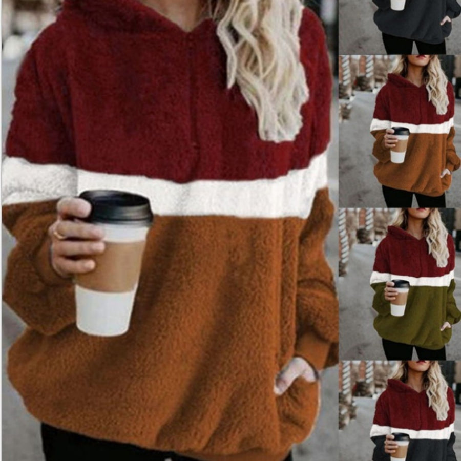 Three-color Stitching Fleece Hooded Sweater