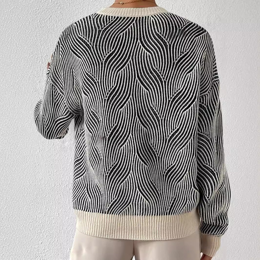 Round Neck Striped Contrast Color Knitted Sweater